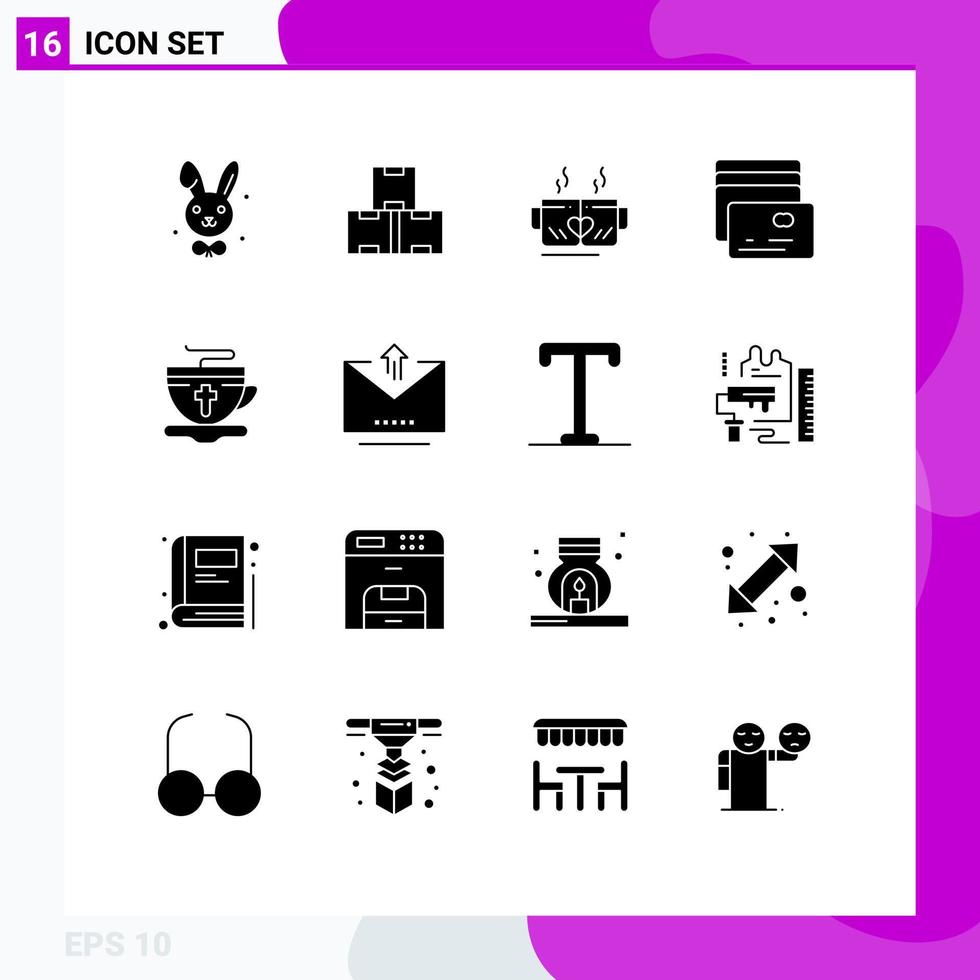 16 conceito de glifo sólido para sites móveis e aplicativos, xícara de chá de páscoa, cartão de pagamento, elementos de design vetorial editáveis vetor