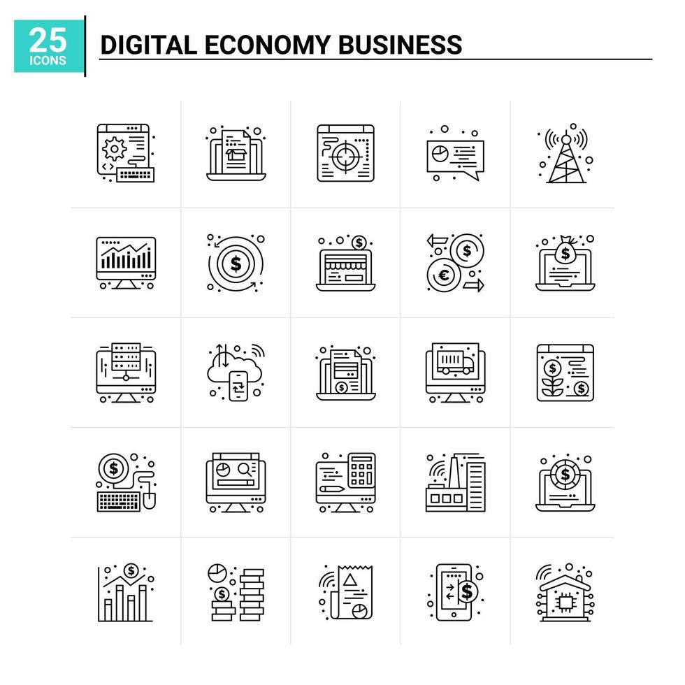 25 conjunto de ícones de negócios de economia digital fundo vetorial vetor