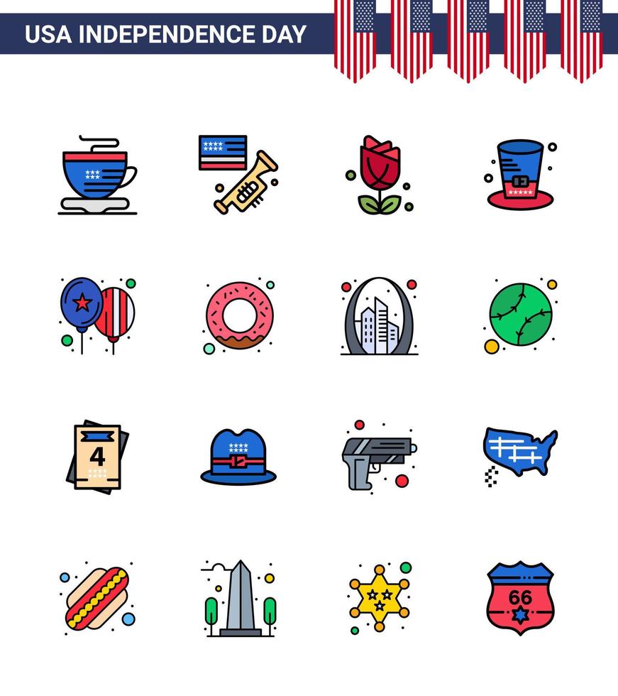16 pacote de linhas planas dos eua de sinais do dia da independência e símbolos de balões do dia chapéu americano americano editável elementos de design do vetor do dia dos eua