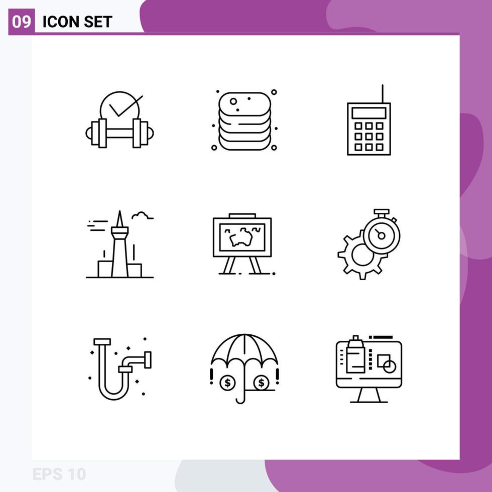 conjunto de 9 sinais de símbolos de ícones de interface do usuário modernos para arquitetura de loja de edifícios de torre e elementos de design de vetores editáveis de talkie de cidade