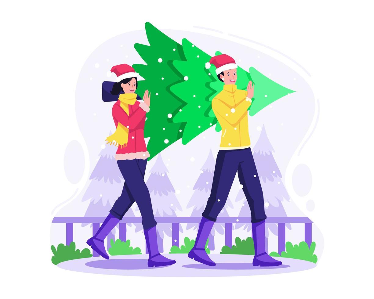 casal feliz carregando a árvore de natal se preparando para celebrar o natal e o feriado de inverno do ano novo. ilustração vetorial em estilo simples vetor