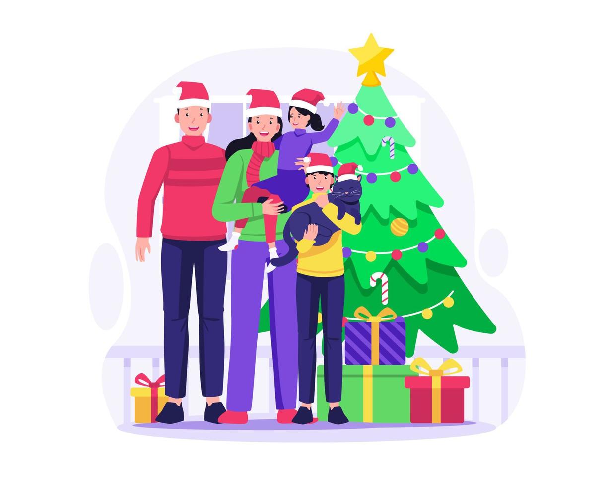 família feliz comemora natal e ano novo perto da árvore de natal com presentes. feliz Natal e Feliz Ano Novo. ilustração vetorial em estilo simples vetor