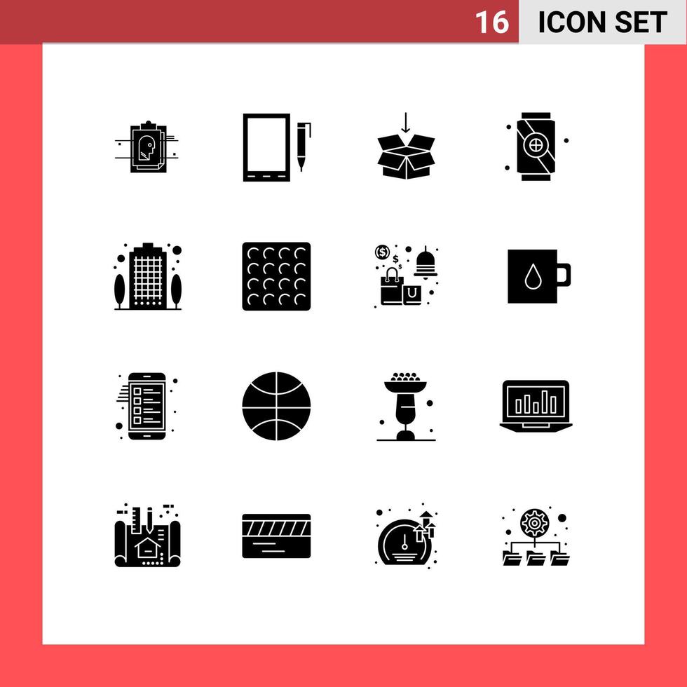 16 conceito de glifo sólido para sites móveis e aplicativos, caixa de apartamento, refrigerante, elementos de design vetorial editáveis vetor