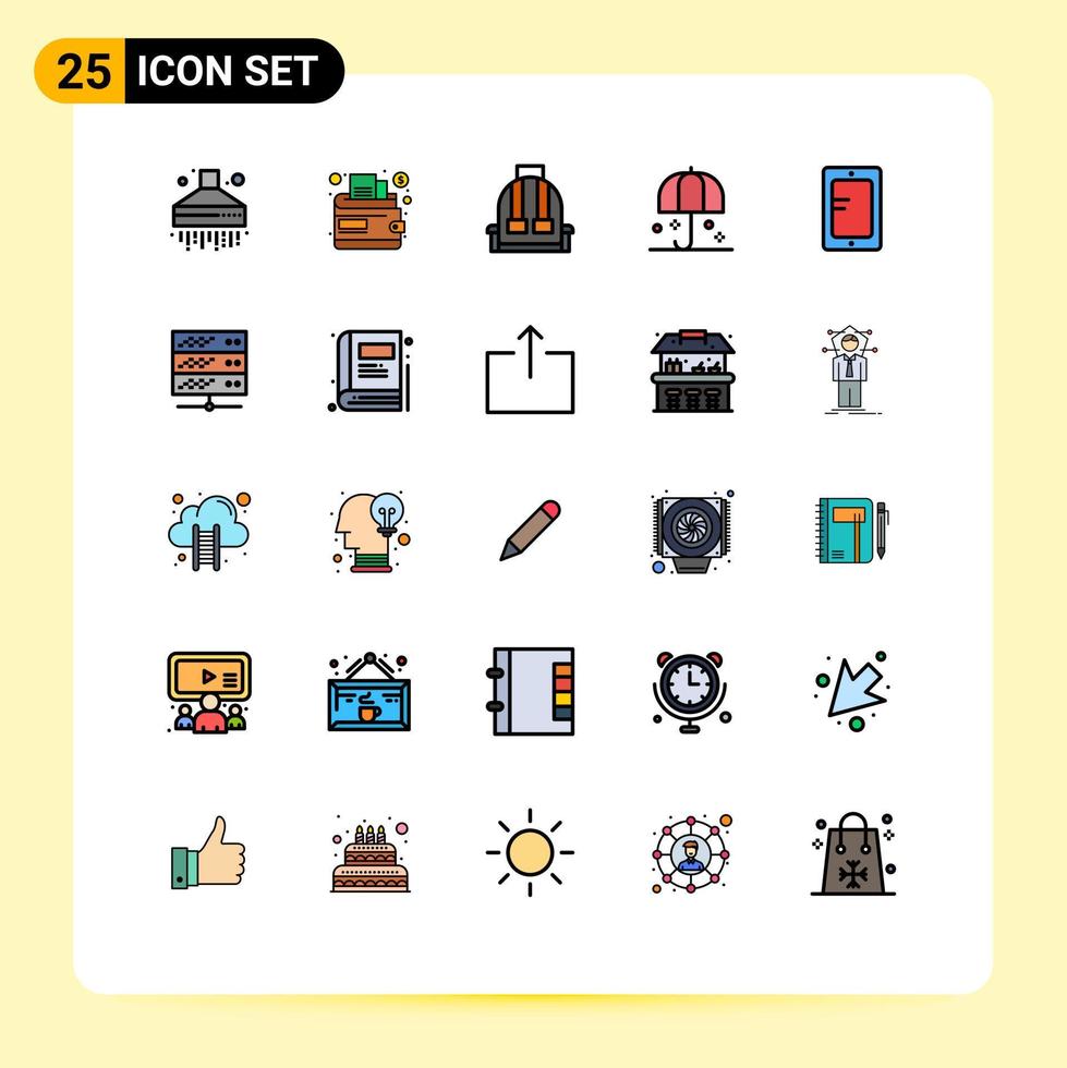 pacote de interface do usuário de 25 cores planas de linha preenchida básica de estudo móvel acampamento guarda-sol chuva elementos de design vetorial editáveis vetor