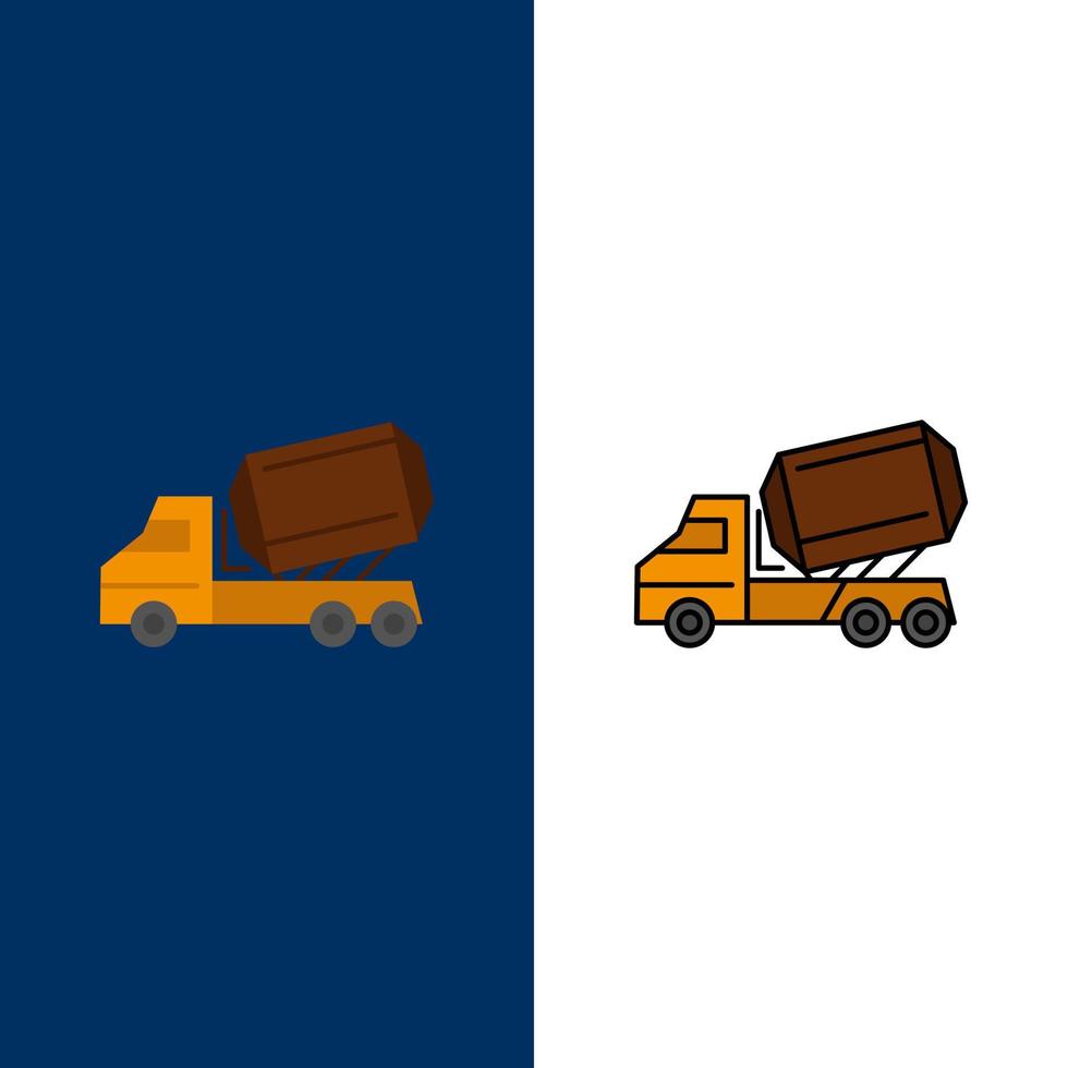 caminhão cimento construção veículo rolo ícones plano e conjunto de ícones cheios de linha vector fundo azul