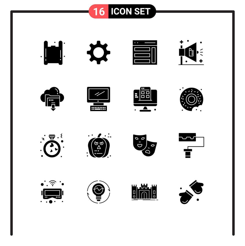 conjunto moderno de pictograma de 16 glifos sólidos de elementos de design de vetor editável de anúncio de marketing de interface de download para baixo