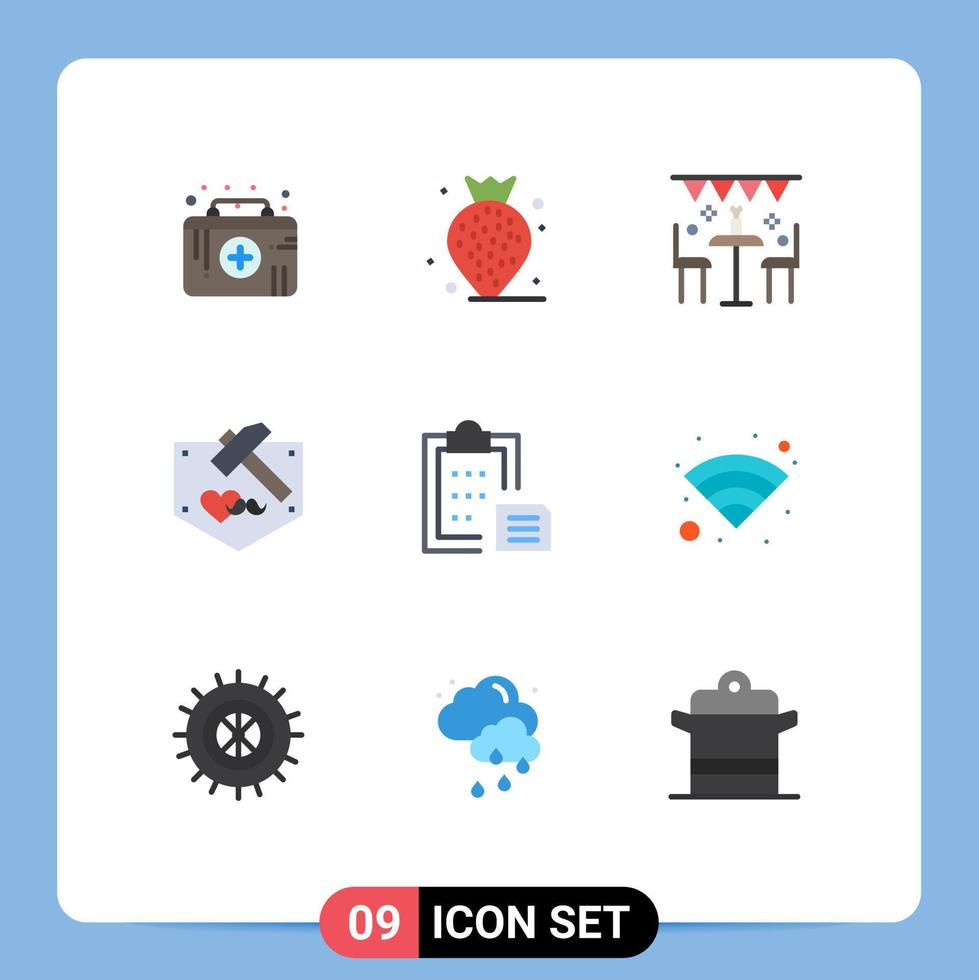 pacote de cores planas de 9 símbolos universais de elementos de design de vetores editáveis de decoração de bigode de documento dia do martelo