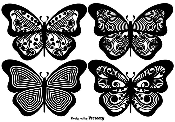 Vetorial, ornamented, borboleta, silhuetas vetor