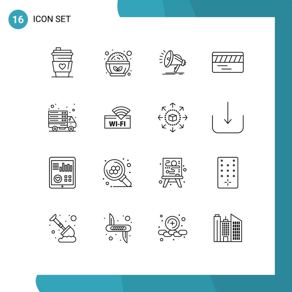 conjunto moderno de 16 contornos e símbolos, como elementos de design de vetor editável de bilhete subterrâneo de alto-falante de transferência de internet