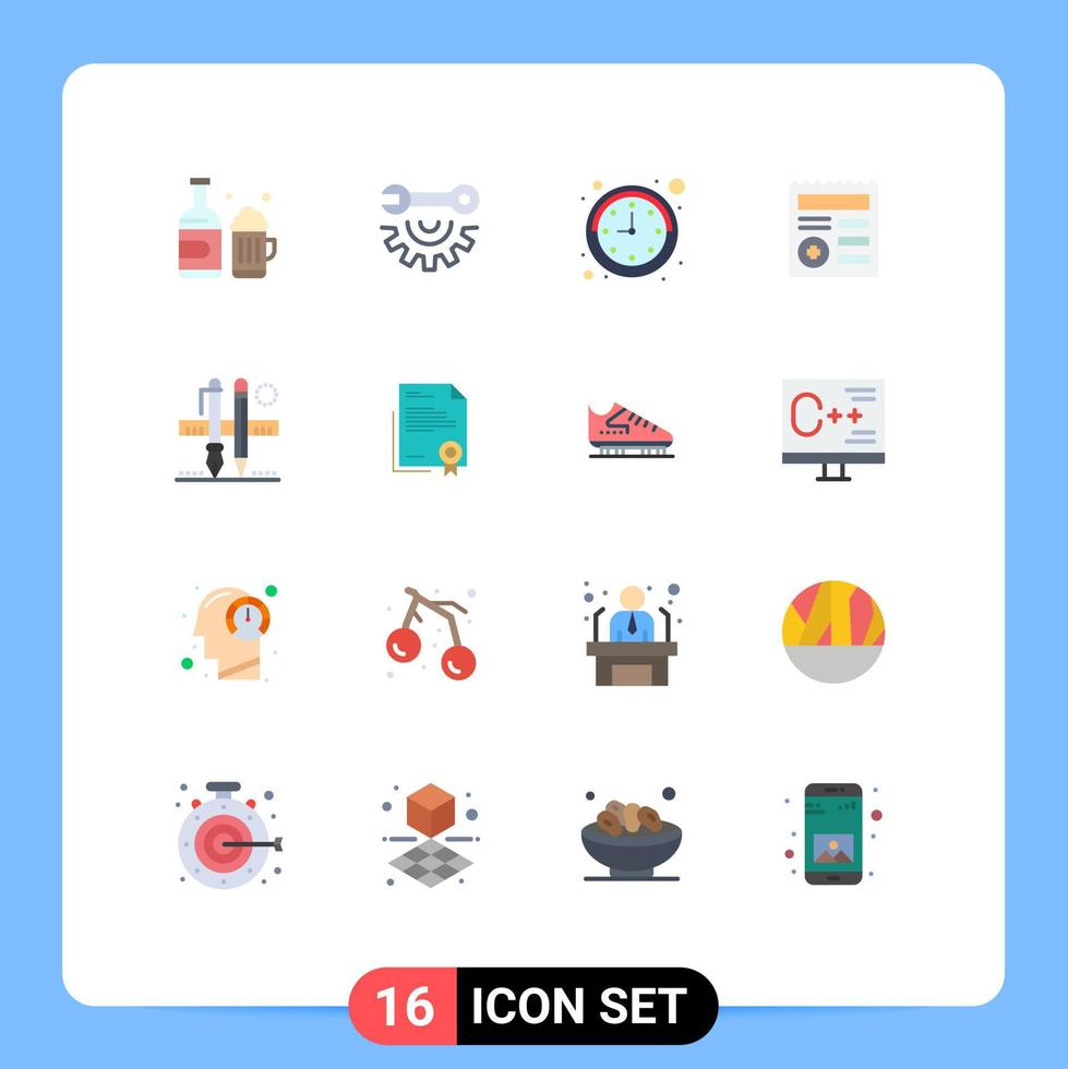 Pacote de cores planas de 16 interfaces de usuário de sinais e símbolos modernos de lápis, relógio estacionário, documento médico, pacote editável de elementos de design de vetores criativos
