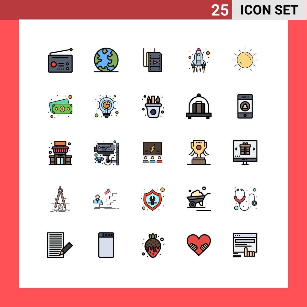 pacote de 25 sinais e símbolos modernos de cores planas de linha preenchida para mídia impressa na web, como filme de lançamento do tempo, elementos de design de vetores editáveis de foguete
