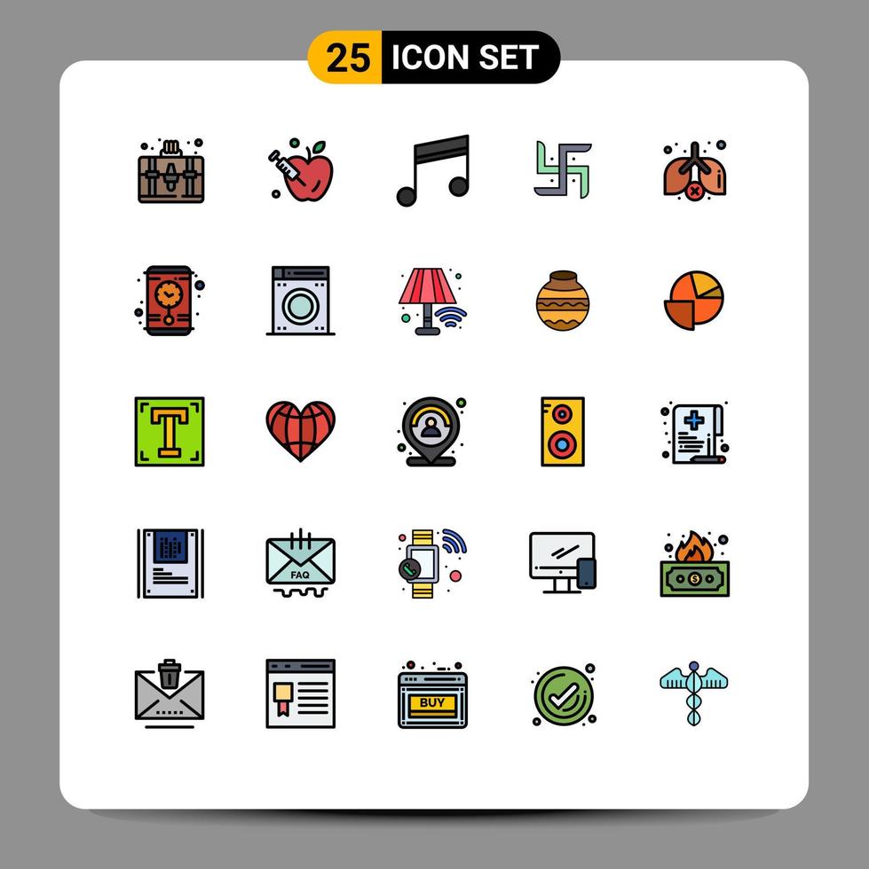 pacote de 25 cores planas de linhas preenchidas criativas de pulmões de lixo mídia religião elementos de design de vetores editáveis indianos