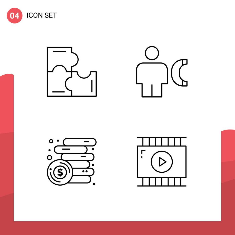 conjunto de linha de interface móvel de 4 pictogramas de peças de quebra-cabeça de finanças de educação chamam elementos de design de vetores editáveis de dinheiro