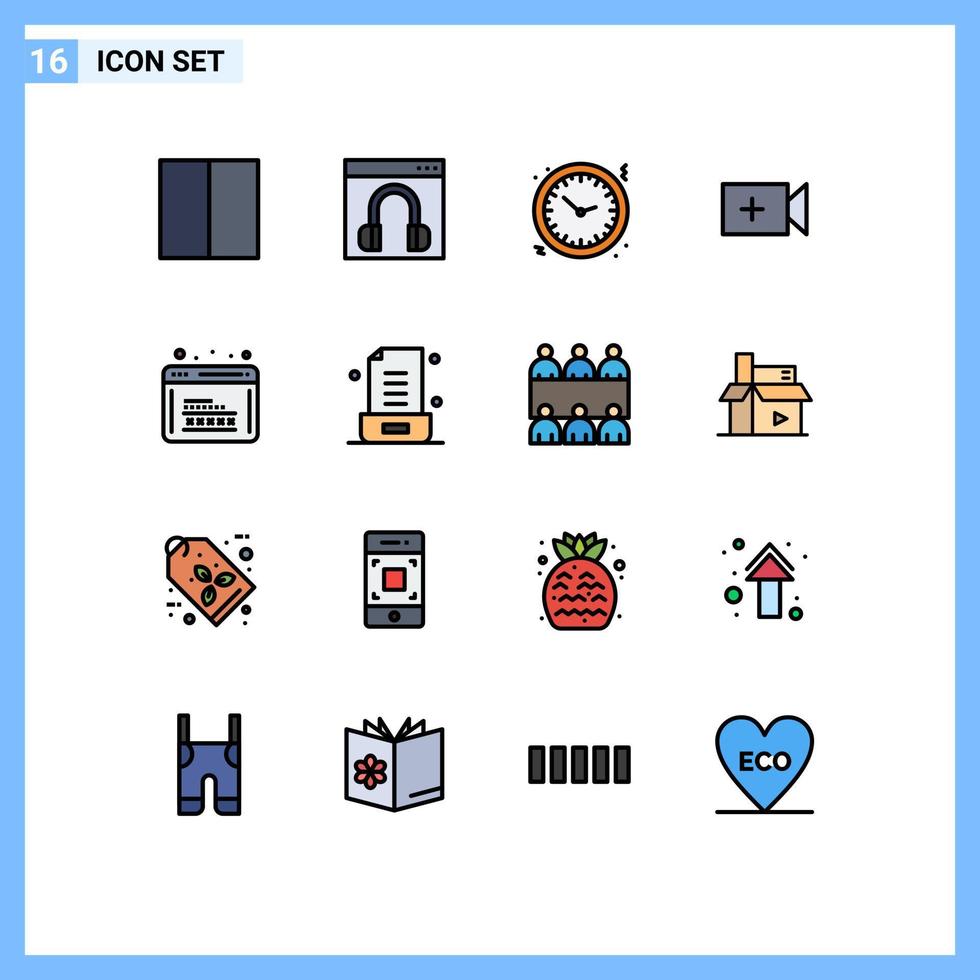 16 conceito de linha cheia de cores planas para sites móveis e aplicativos de codificação de câmera de tempo de vídeo online elementos de design de vetores criativos editáveis