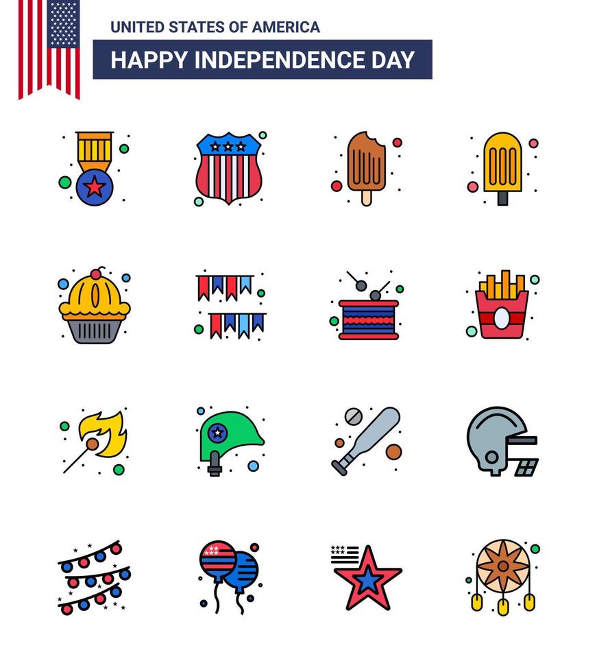 4 de julho eua feliz dia da independência ícone símbolos grupo de 16 linhas planas cheias modernas de bolo muffin creme comida americana editável dia dos eua vetor elementos de design