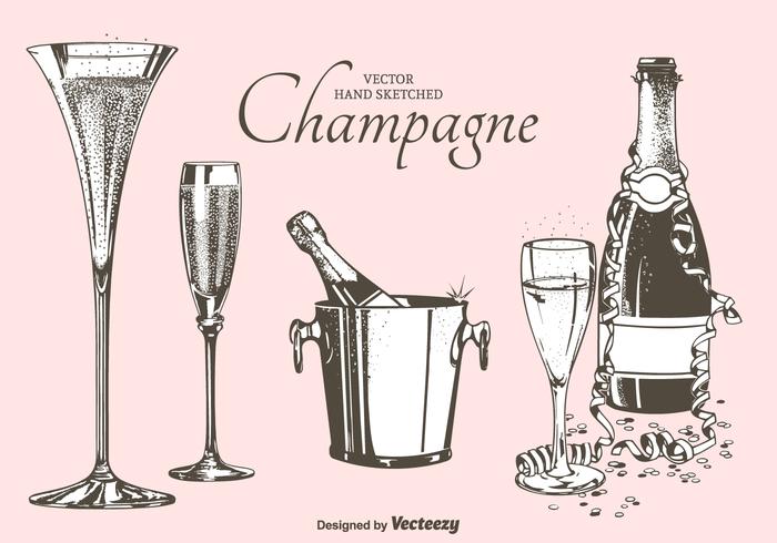 Fizz Champagne Flautas, Garrafas E Balde Ilustração Vetor