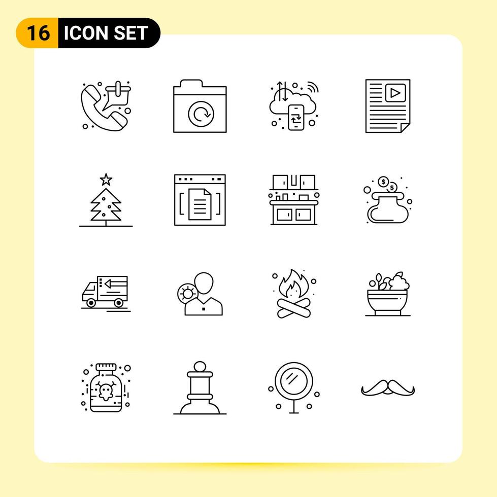 conjunto de esboço de interface móvel de 16 pictogramas de elementos de design de vetores editáveis de página de negócios de papel de vídeo