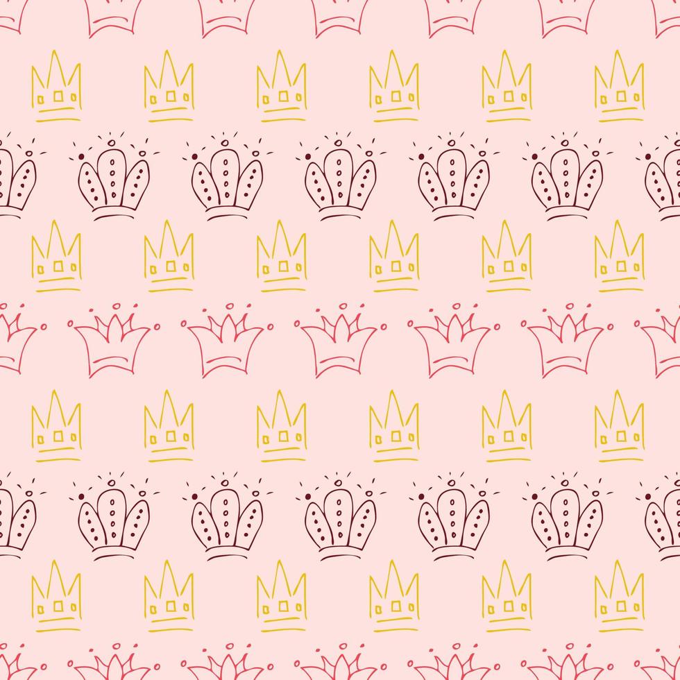 coroas desenhadas à mão. padrão perfeito de coroas de rainha ou rei de esboço de graffiti simples. coroa imperial real e símbolos do monarca vetor
