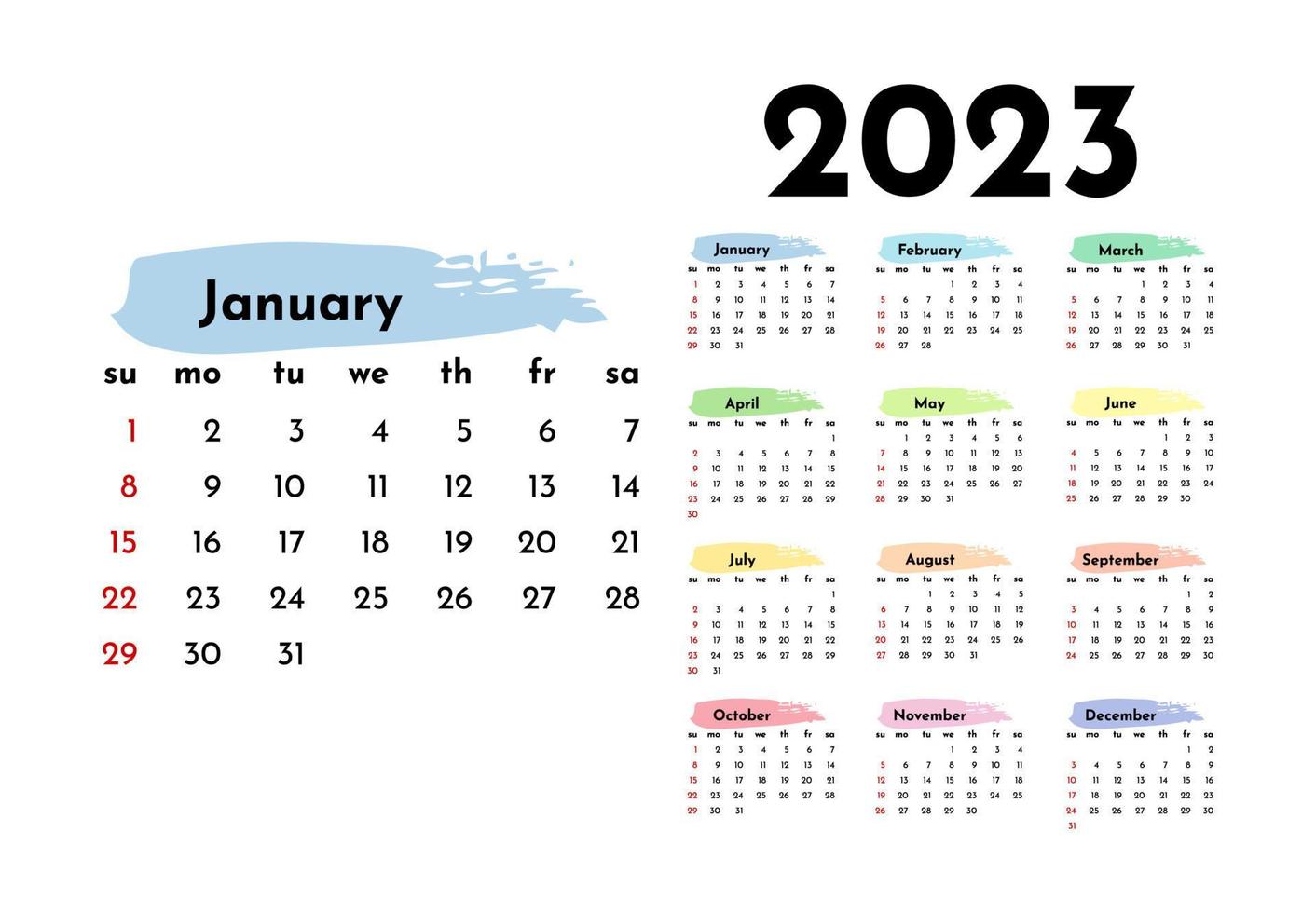 calendário para 2023 isolado em um fundo branco. domingo a segunda-feira, modelo de negócios. ilustração vetorial vetor