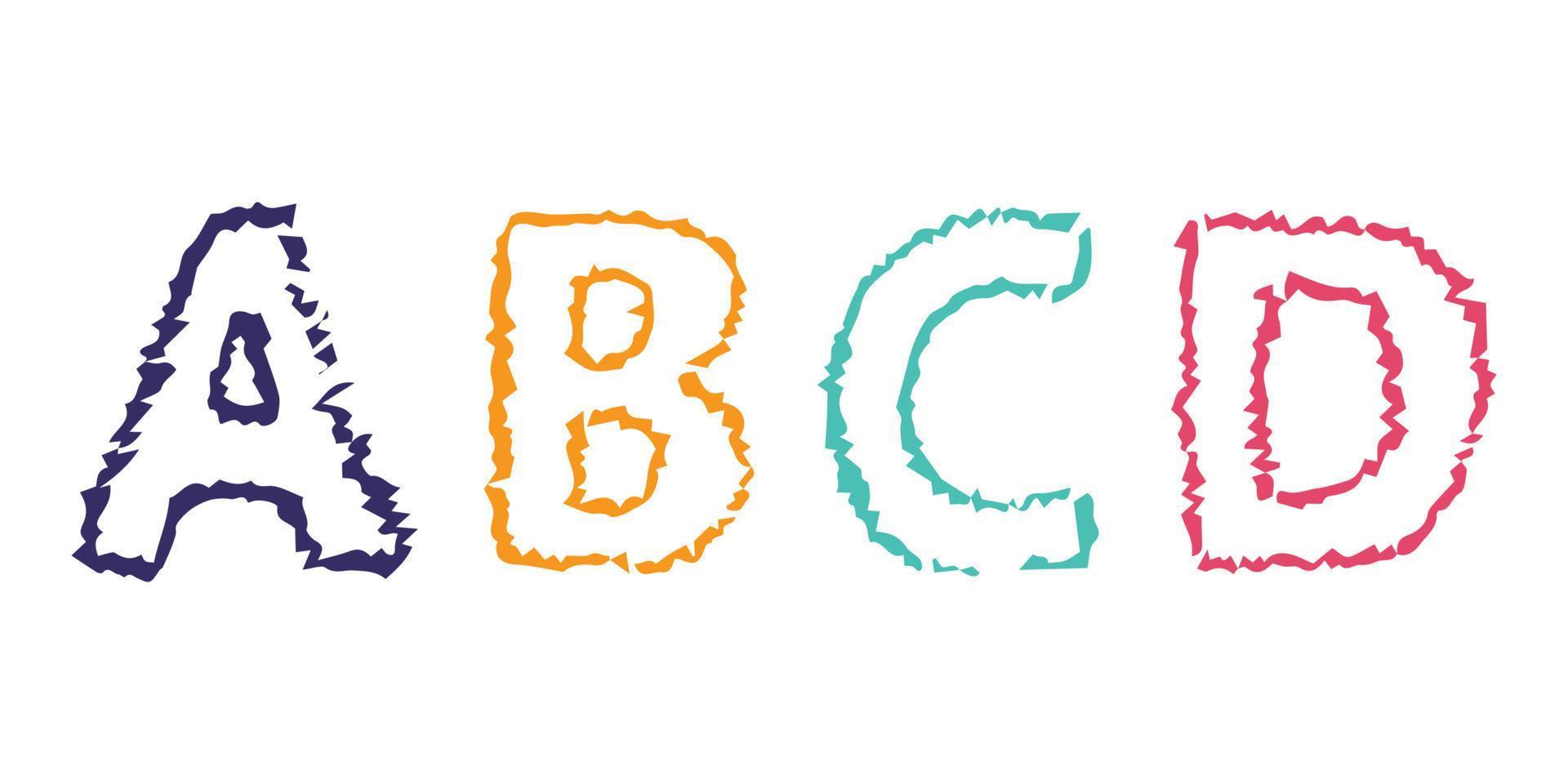 letras do alfabeto latino desenhadas à mão abcd. fonte moderna maiúscula e tipo de letra. símbolos multicoloridos em fundo branco. ilustração vetorial. vetor