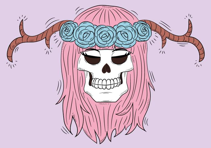 Crânio bonito com chifres e cabelo cor-de-rosa vetor