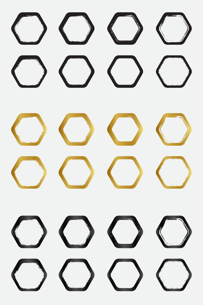 conjunto de armações de borda de hexágono redondo grunge com ouro preto e cor metálica vetor