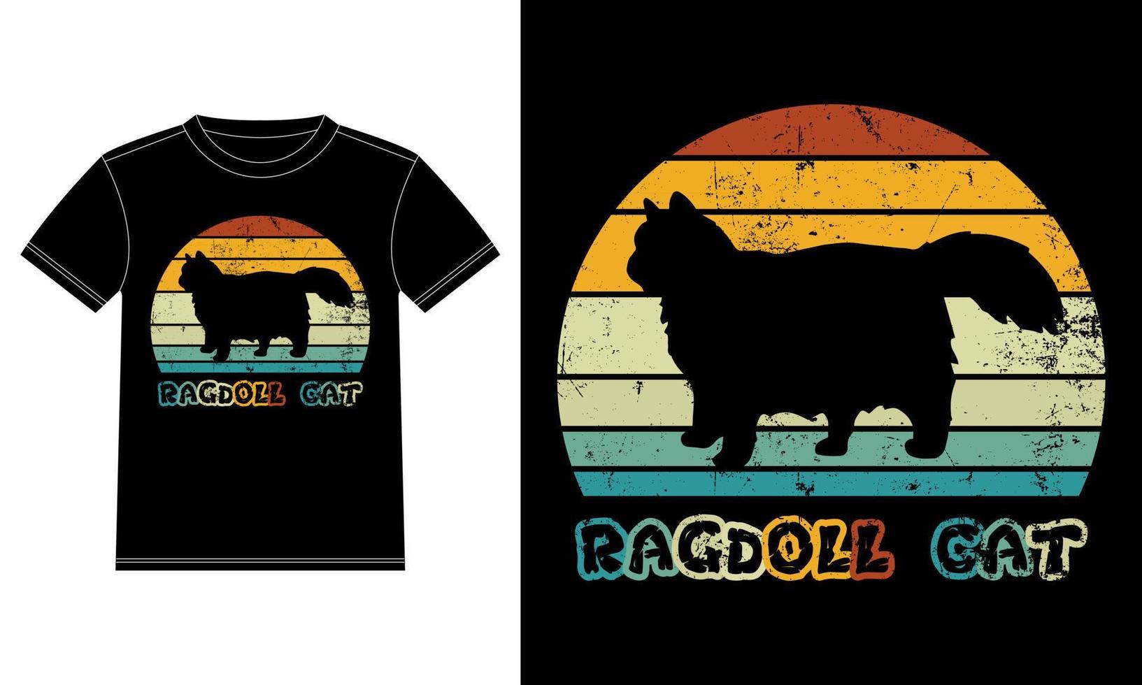 modelo de design de camiseta vintage retrô por do sol gato ragdoll, gato ragdoll a bordo, vetor de adesivo de janela de carro para amantes de gatos, design de vestuário preto sobre branco