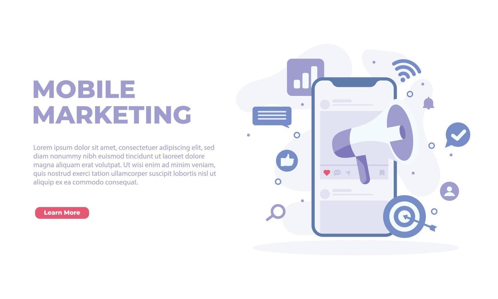 marketing digital e conceito de marketing móvel. estratégia de marketing de mídia social e modelo de página de destino de promoção de negócios vetor