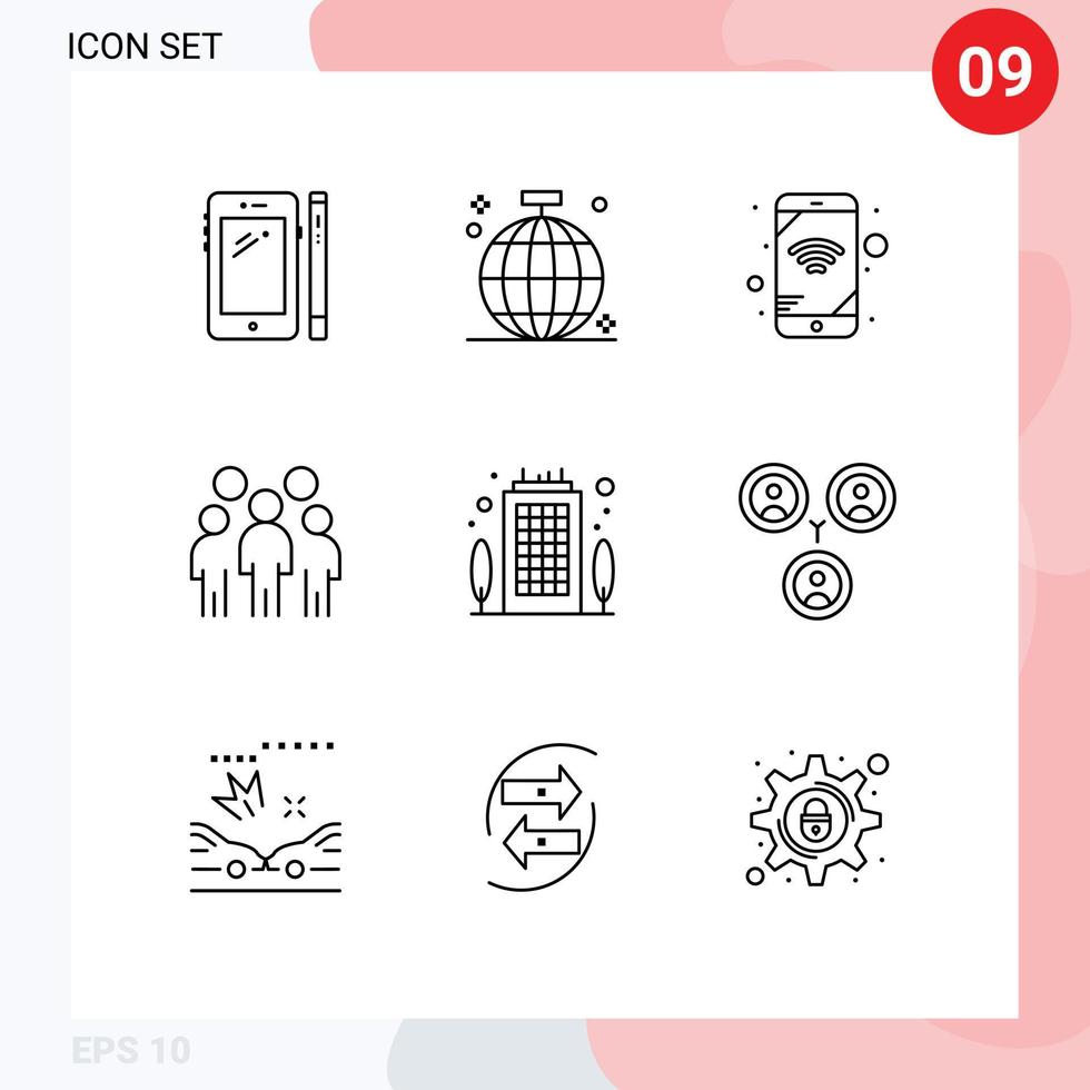 grupo de símbolos de ícone universal de 9 contornos modernos de liderança de pessoa líder de discoteca wi-fi elementos de design de vetores editáveis