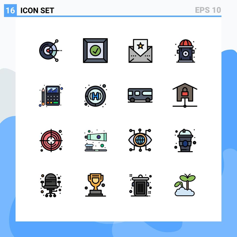 conjunto de pictogramas de 16 linhas simples preenchidas com cores planas de finanças, calculadora, cartão, orçamento, hidrante, elementos de design de vetores criativos editáveis