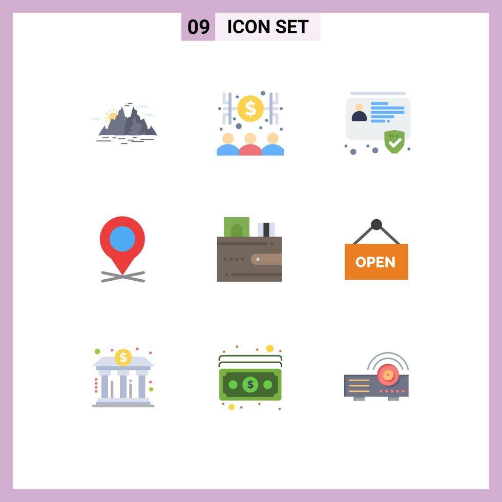 conjunto de cores planas de interface móvel de 9 pictogramas de ponteiro de cartão dinheiro mapa segurança elementos de design de vetores editáveis
