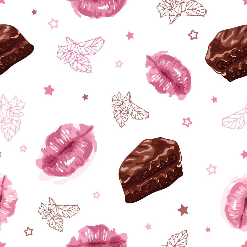 Dia dos Namorados. lábios rosados macios, bolos de chocolate, estrela, menta. ilustração em vetor padrão sem emenda. estilo aquarela. dia mundial do beijo. embalagem, cartões postais, plano de fundo, banner, pôster, tecido impresso