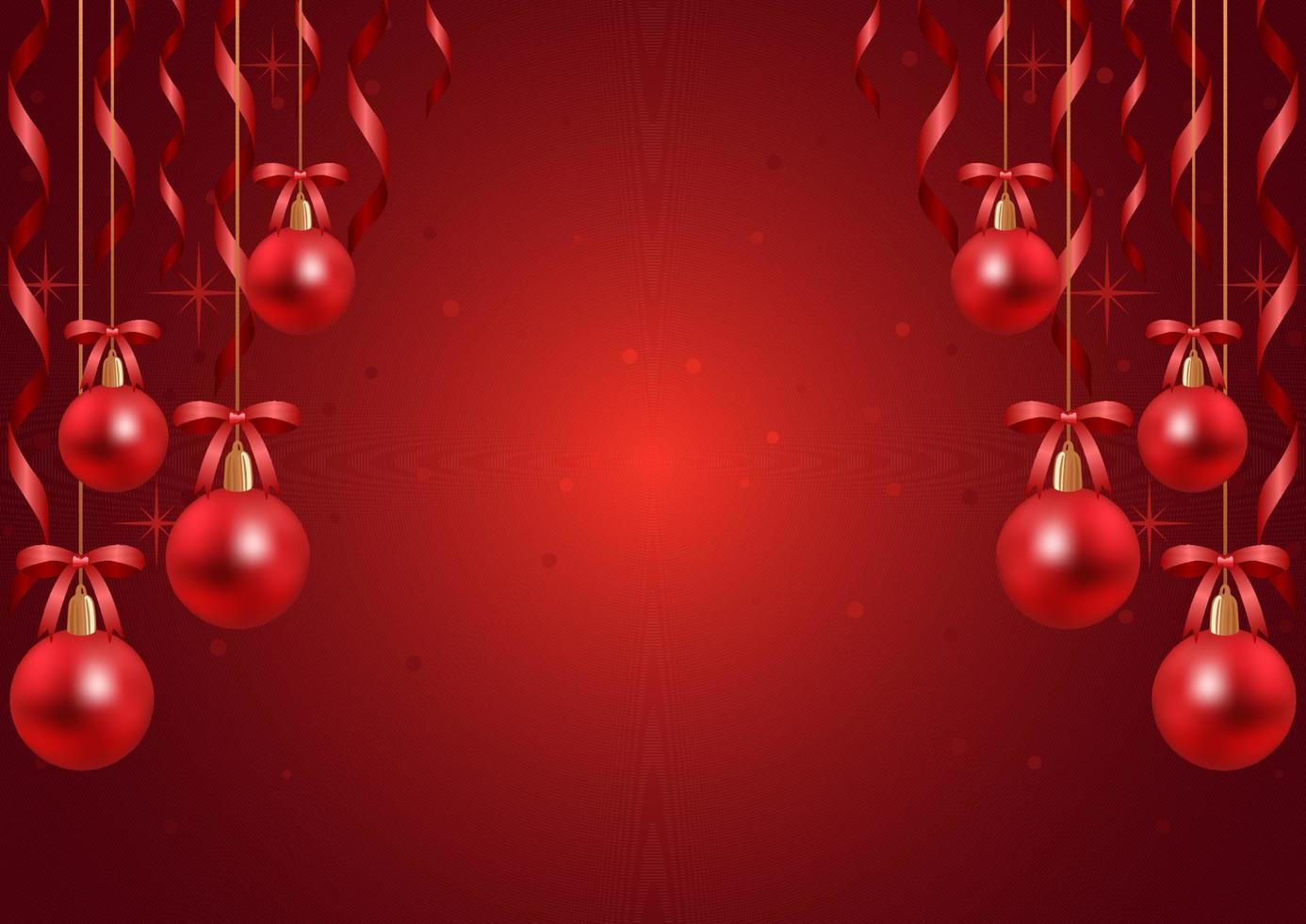 banner horizontal vermelho de natal com bolas de natal foscas realistas e fitas, estrelas e serpentina. com lugar para texto. para banner publicitário, site, cartazes, cartões postais, folheto de venda. vetor