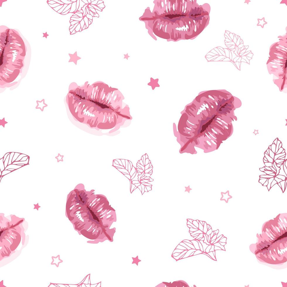 Dia dos Namorados. lábios rosa macios, estrela, menta. ilustração em vetor padrão sem emenda. estilo aquarela. dia mundial do beijo. embalagens, cartões postais, fundo, banner, pôster, tecido impresso.