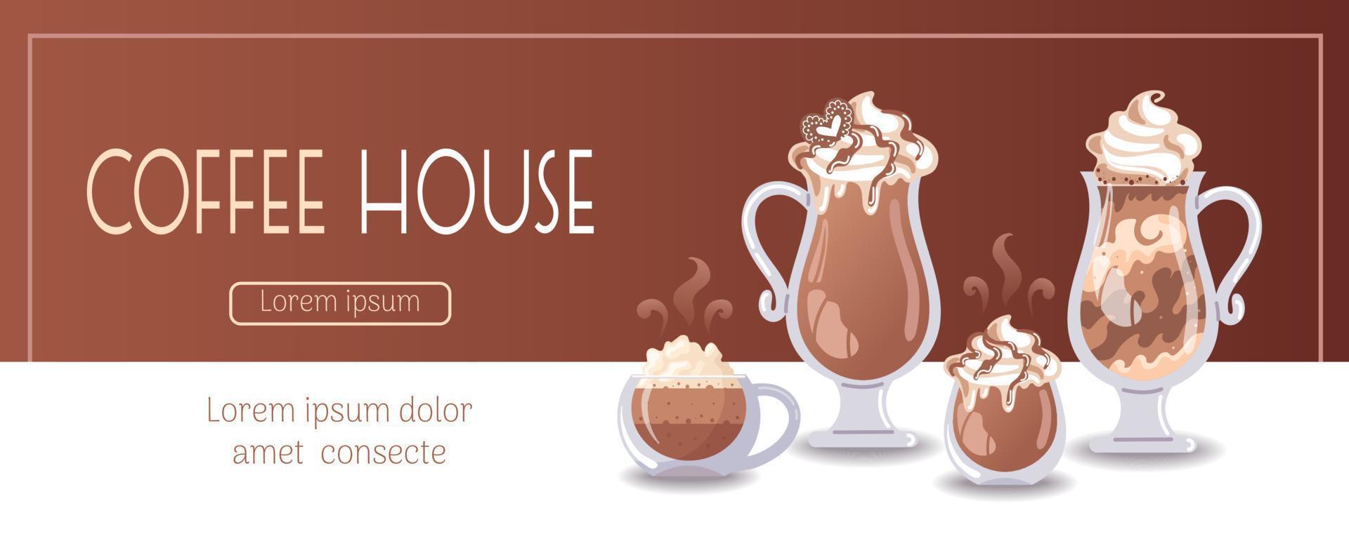 cappuccino, latte e mocha em um copo, chantilly. banner horizontal para cafeteria, café bar, barista. ilustração vetorial de comida para banner, flyer, publicidade, publicidade, promoção, menu vetor