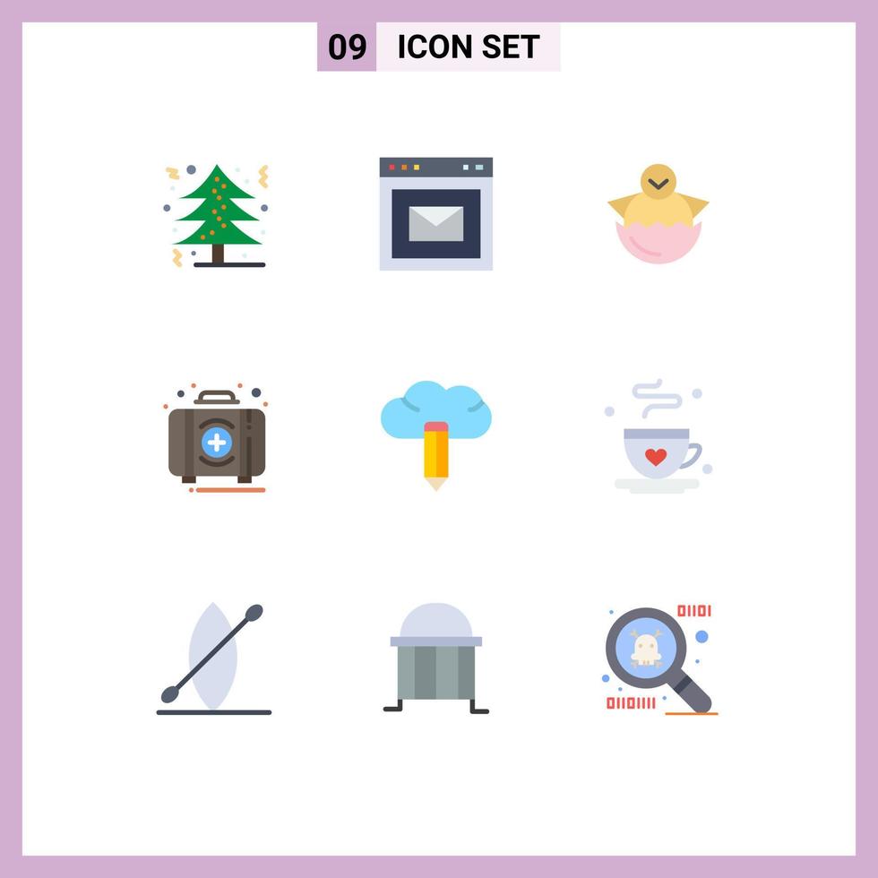 conjunto de pictogramas de 9 cores planas simples da caixa primeiro ovo de emergência feliz elementos de design de vetores editáveis