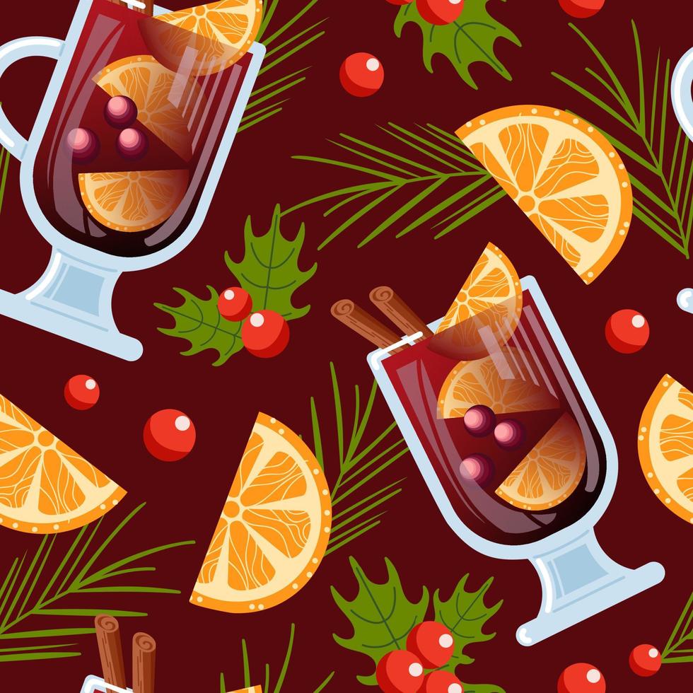 vinho quente com laranja, cranberries e paus de canela em uma taça de vidro. bebidas de inverno. azevinho, agulhas de abeto. padrão perfeito para papel de parede, impressão em tecido, embrulho, plano de fundo vetor