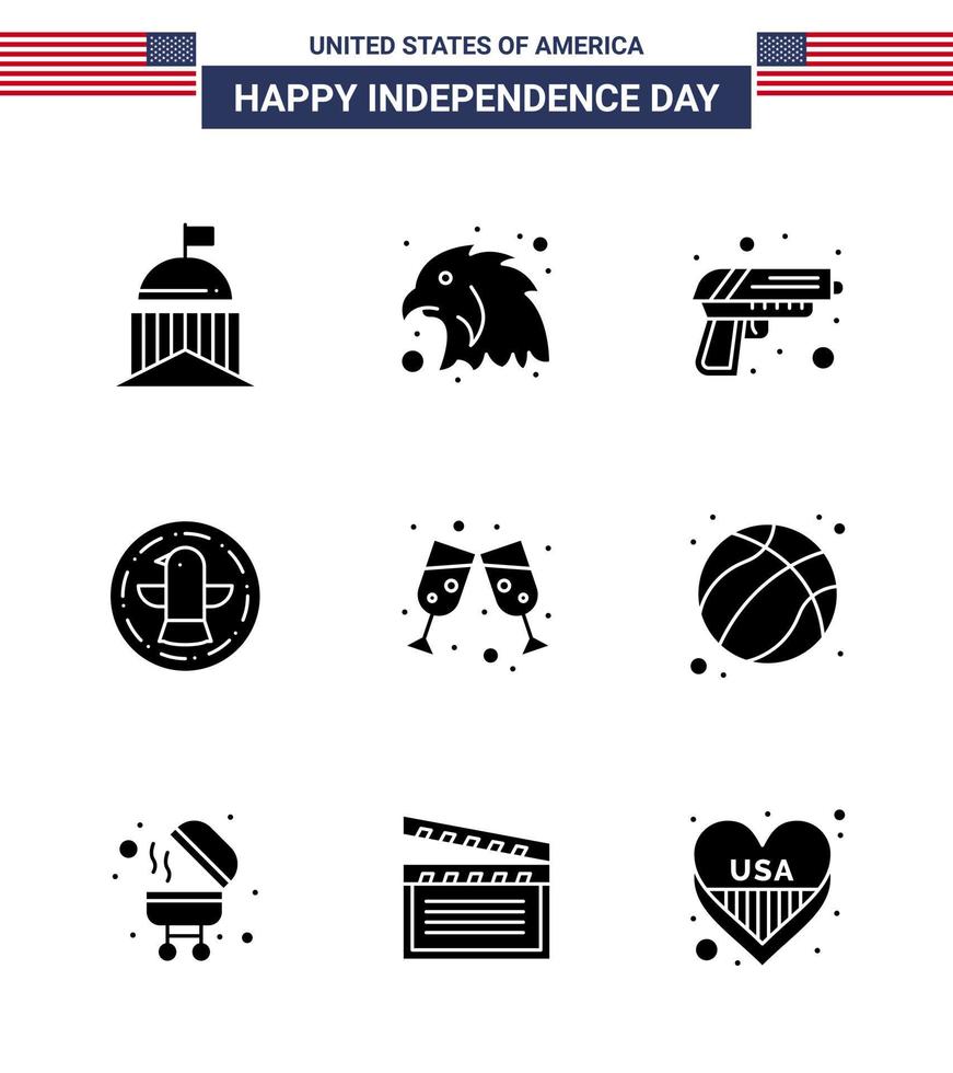 feliz dia da independência eua pacote de 9 glifos sólidos criativos de celebração de arma de águia de vinho americano editável elementos de design de vetor de dia dos eua