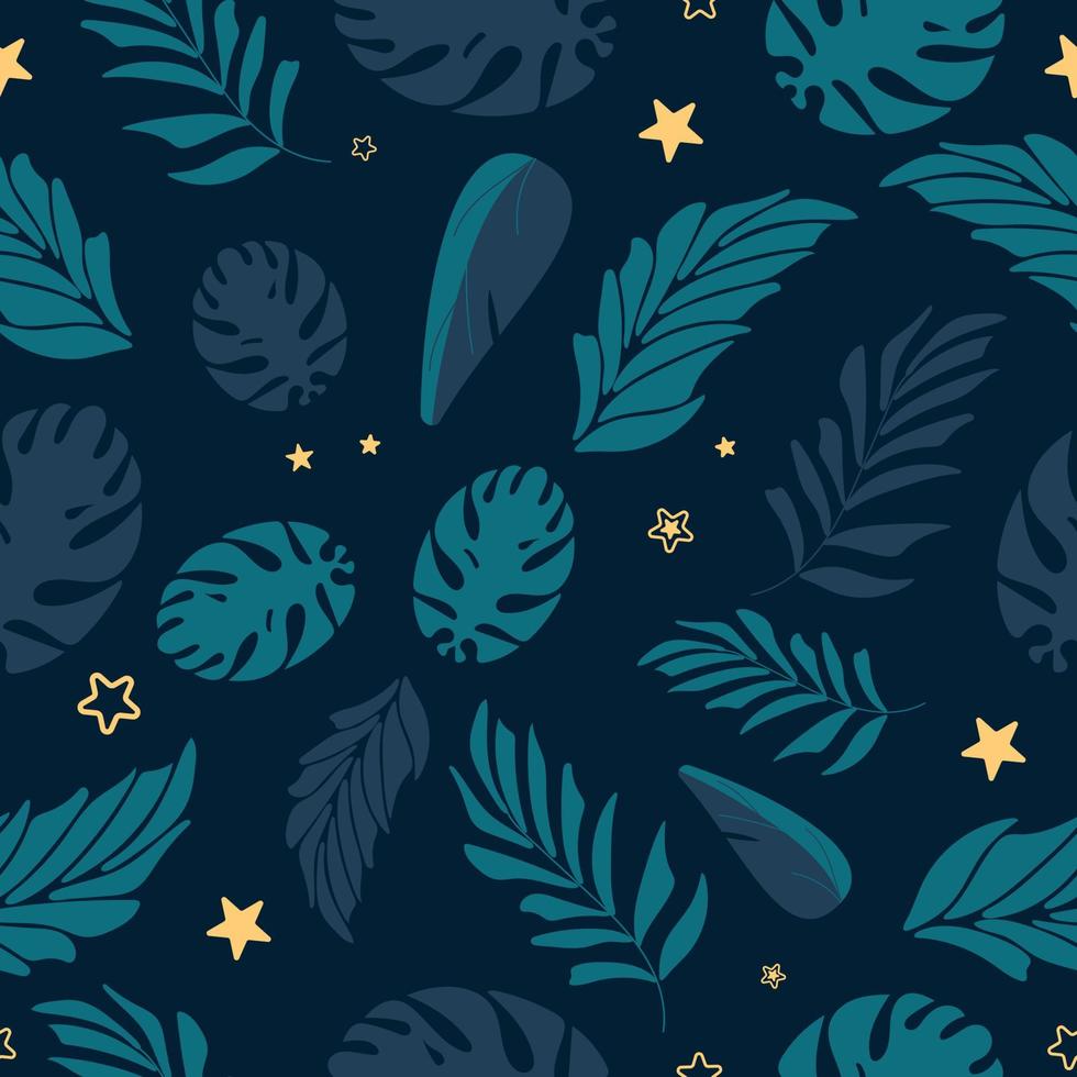 padrão tropical sem emenda de vetor brilhante com folhas de palmeira monstera e estrelas em um fundo escuro. noite sul. para impressão em tecido, roupas, papel de parede, fundo de banner.