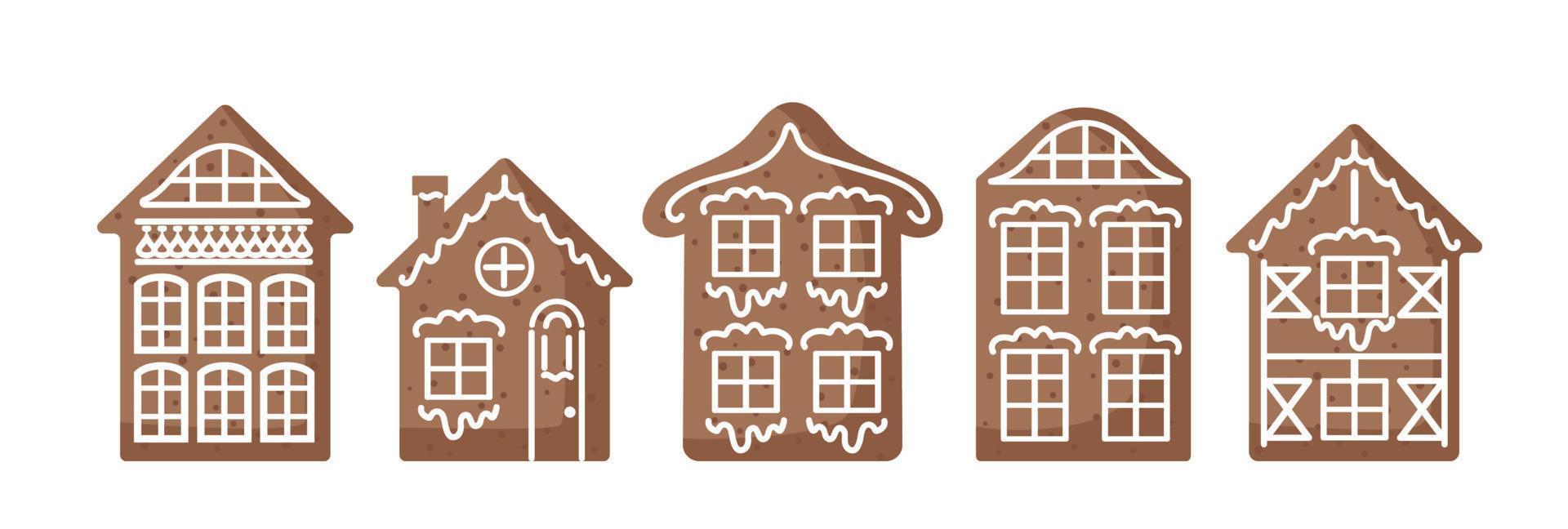 conjunto de casas de gengibre, estilo europeu. apetitosos biscoitos tradicionais de natal, decorados com glacê. ilustração de comida para adesivos, cartazes, cartões postais, elementos de design vetor