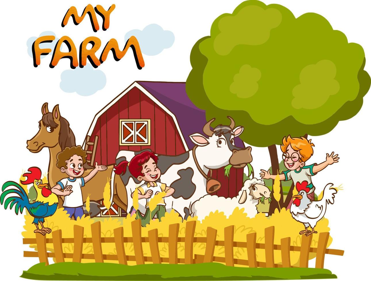 crianças felizes e animais de fazenda crianças em cena de fazenda com ilustração de animais vetor