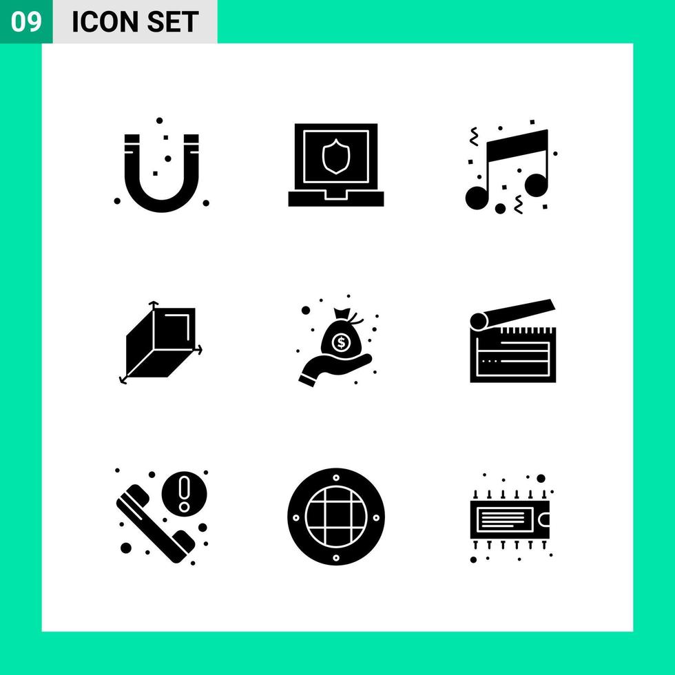 pacote de 9 conjunto de ícones de estilo sólido. símbolos de glifos para impressão. sinais criativos isolados no fundo branco. conjunto de 9 ícones. vetor
