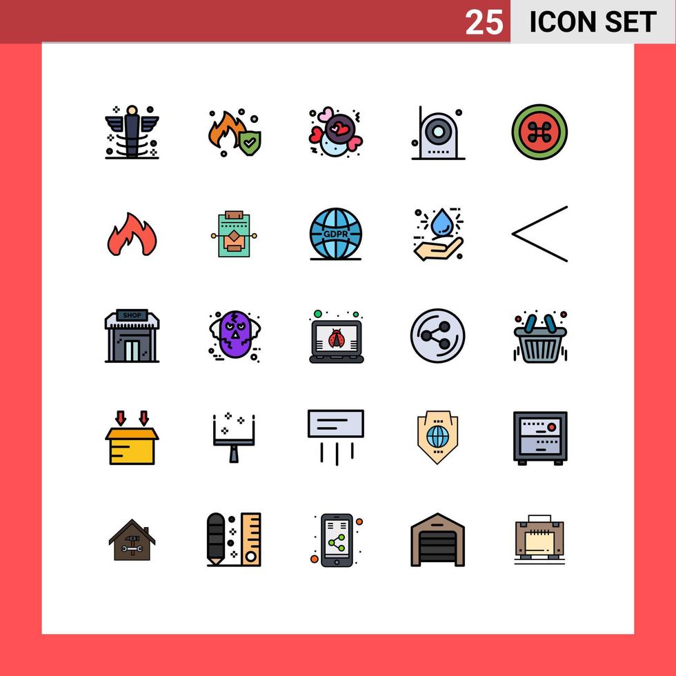 pacote de 25 sinais e símbolos modernos de cores planas de linha preenchida para mídia impressa na web, como alimentos, doces eletrônicos, câmera elétrica, elementos de design vetorial editáveis vetor