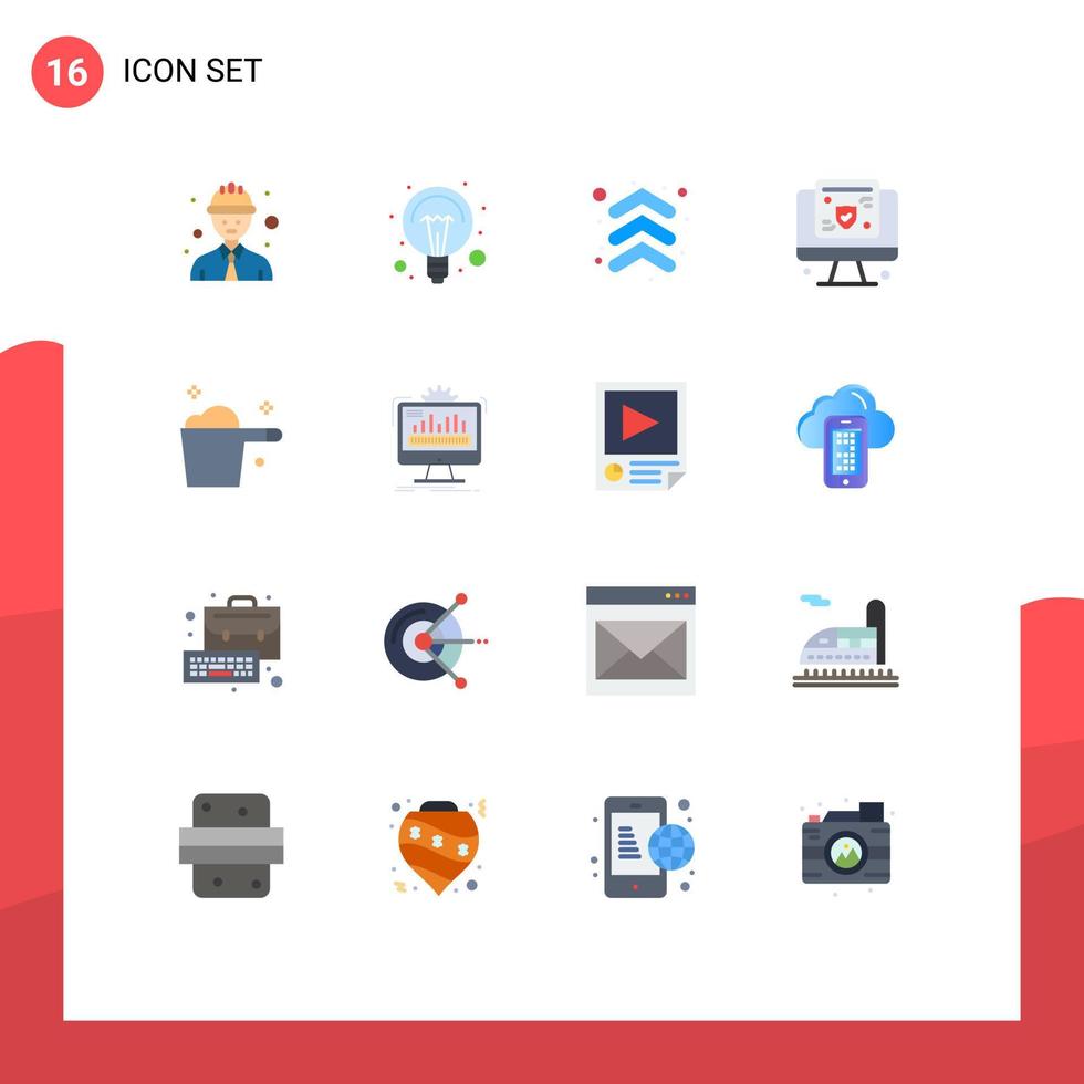 16 cores planas de vetores temáticos e símbolos editáveis de pacote editável de computador de tela de seta de seguro de detergente de elementos de design de vetores criativos
