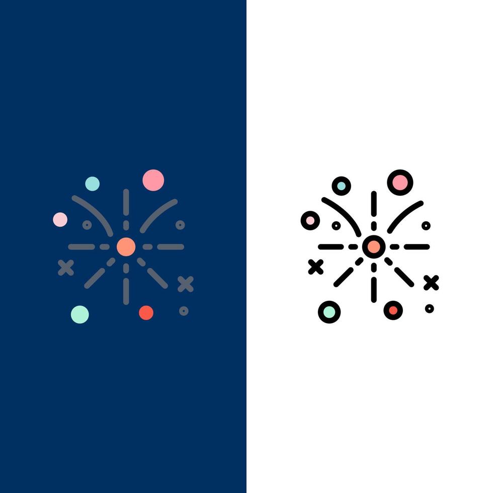 fogo de artifício ícones de feriado de páscoa plano e conjunto de ícones cheios de linha vector fundo azul