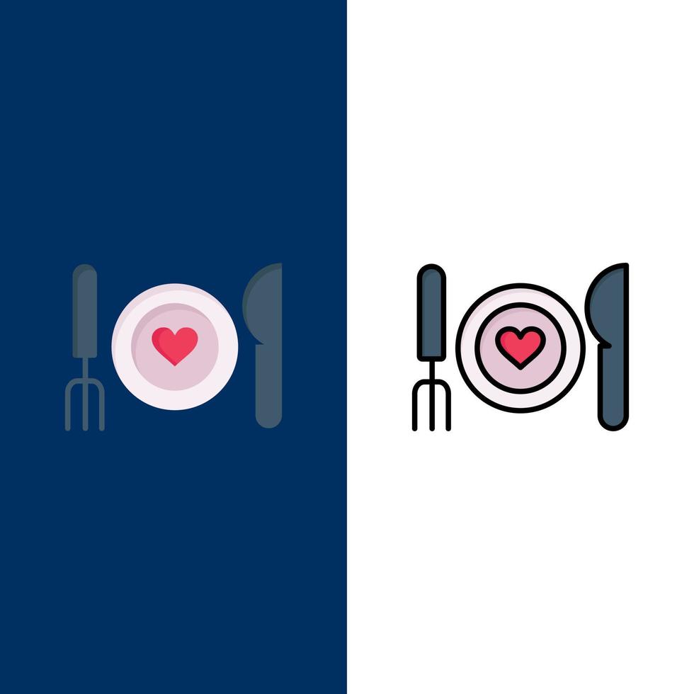 jantar comida romântica data casal ícones planos e cheios de linha conjunto de ícones vector fundo azul