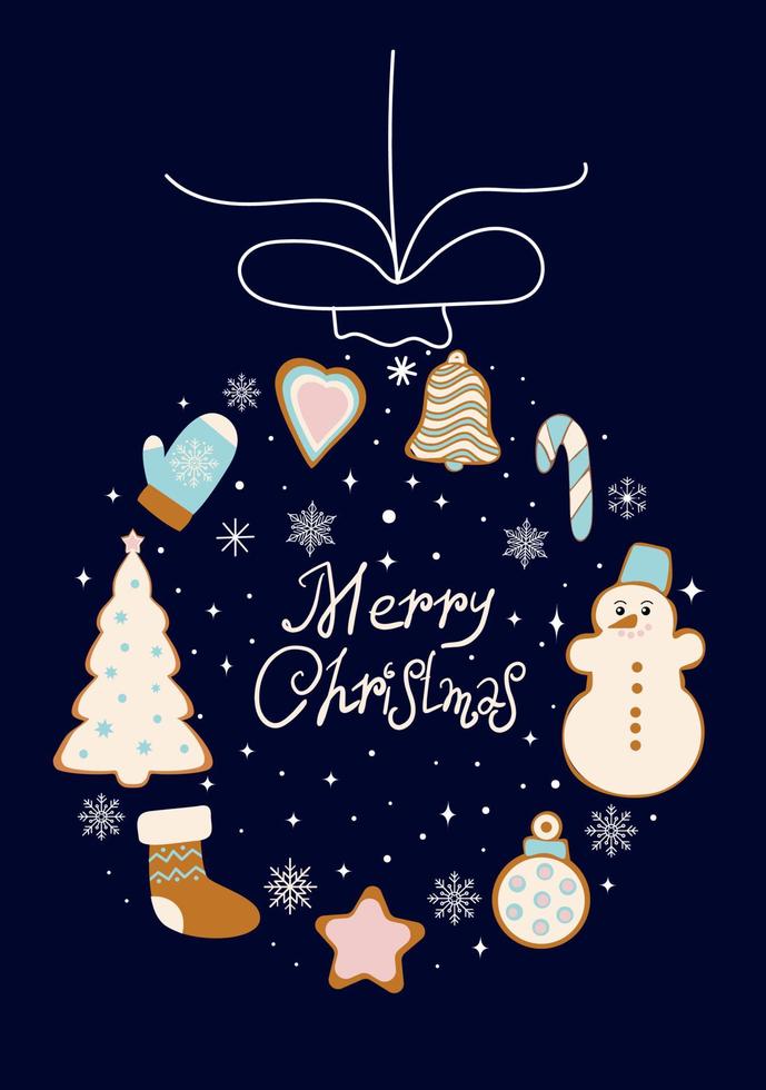 cartão de ano novo. pendurar brinquedos de árvore de natal na forma de biscoitos de gengibre. feliz ano novo e natal. ilustração vetorial isolada em um fundo azul. vetor