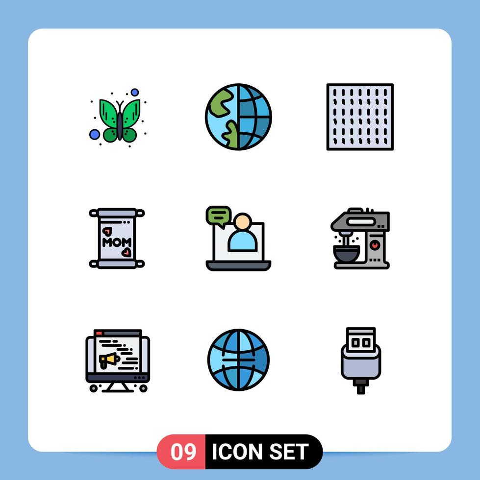 conjunto de cores planas de linha preenchida de interface móvel de 9 pictogramas de reunião, bate-papo, nevoeiro, mãe de negócios, elementos de design de vetores editáveis