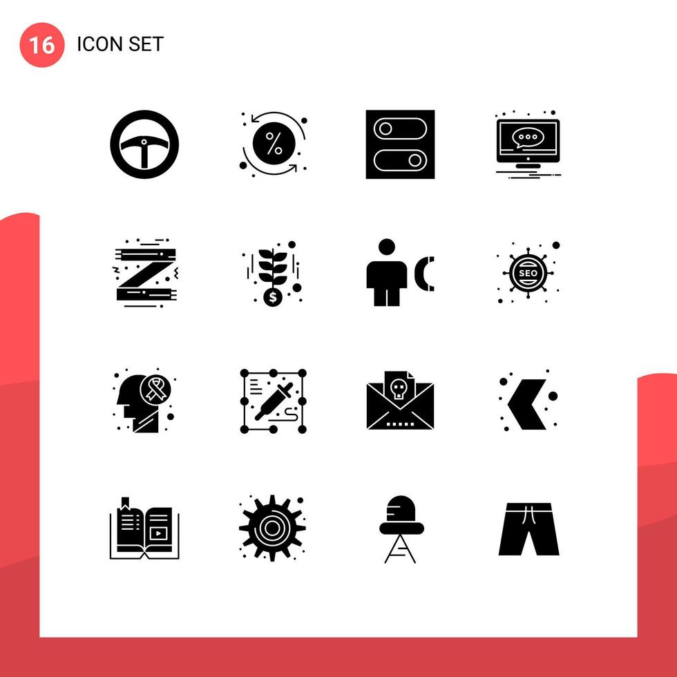 conjunto moderno de 16 glifos e símbolos sólidos, como acessórios de roupas, interruptor de mensagem de tela, elementos de design de vetores editáveis
