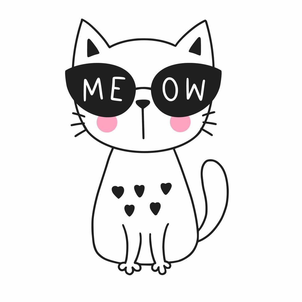 gato bonito doodle. gatinho em óculos escuros com miau de inscrição. vetor